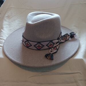 CC Brand Gray Wide Brim Fedora Hat Aztec Tribal Band Tassel One Size